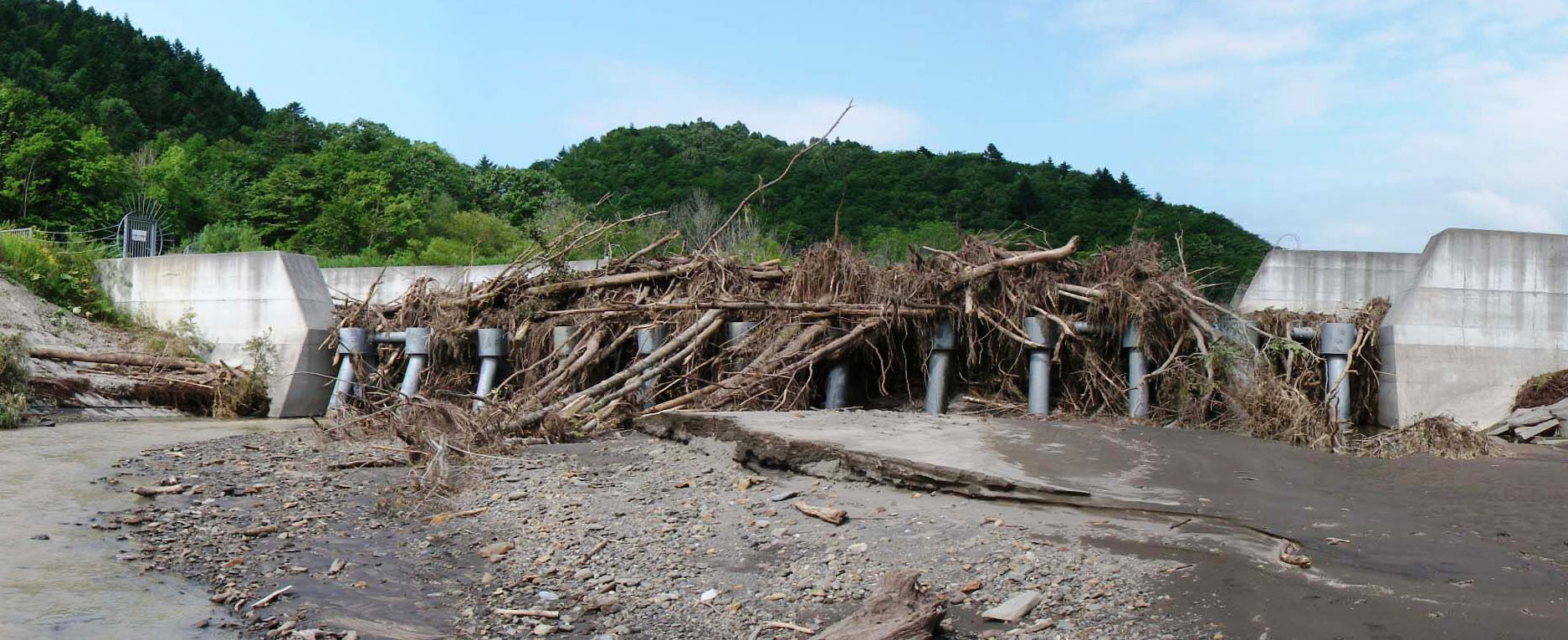 流木の流下を防止する流木捕捉工